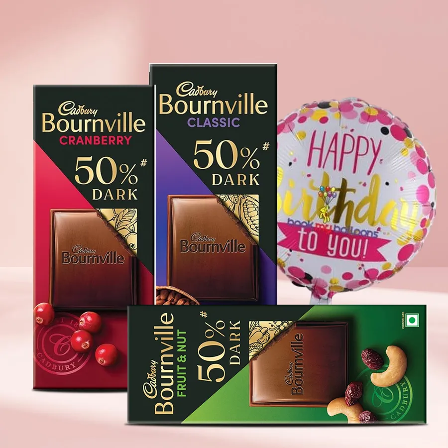 Cadbury Bournville chocolate bars in Cranberry, Rich Cocoa, and Raisins & Nut flavors alongside a colorful Birthday Mylar balloon.