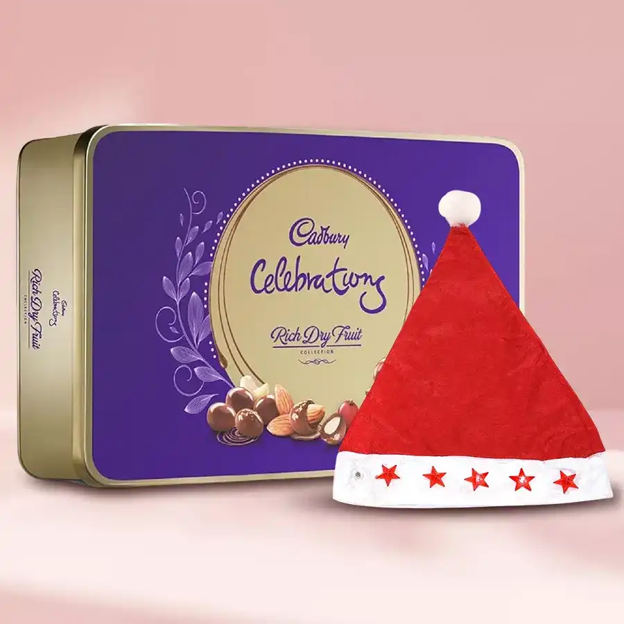 Exclusive Cadbury Dairy Milk Rich Dry Fruit Box with Santa Claus LED Lighting Cap on a festive background