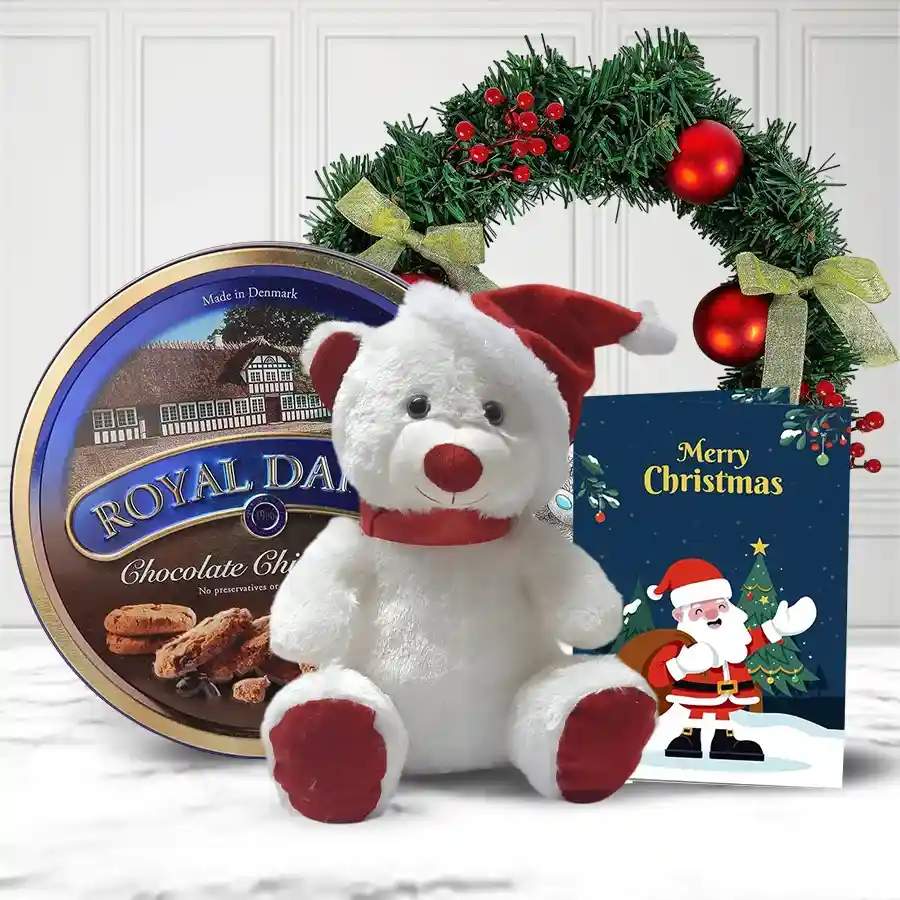 Exquisite Royal Dansk Cookies N Assortments Combo featuring 340g of cookies, a Santa Teddy, a decorated wreath, and a festive X-Mas card