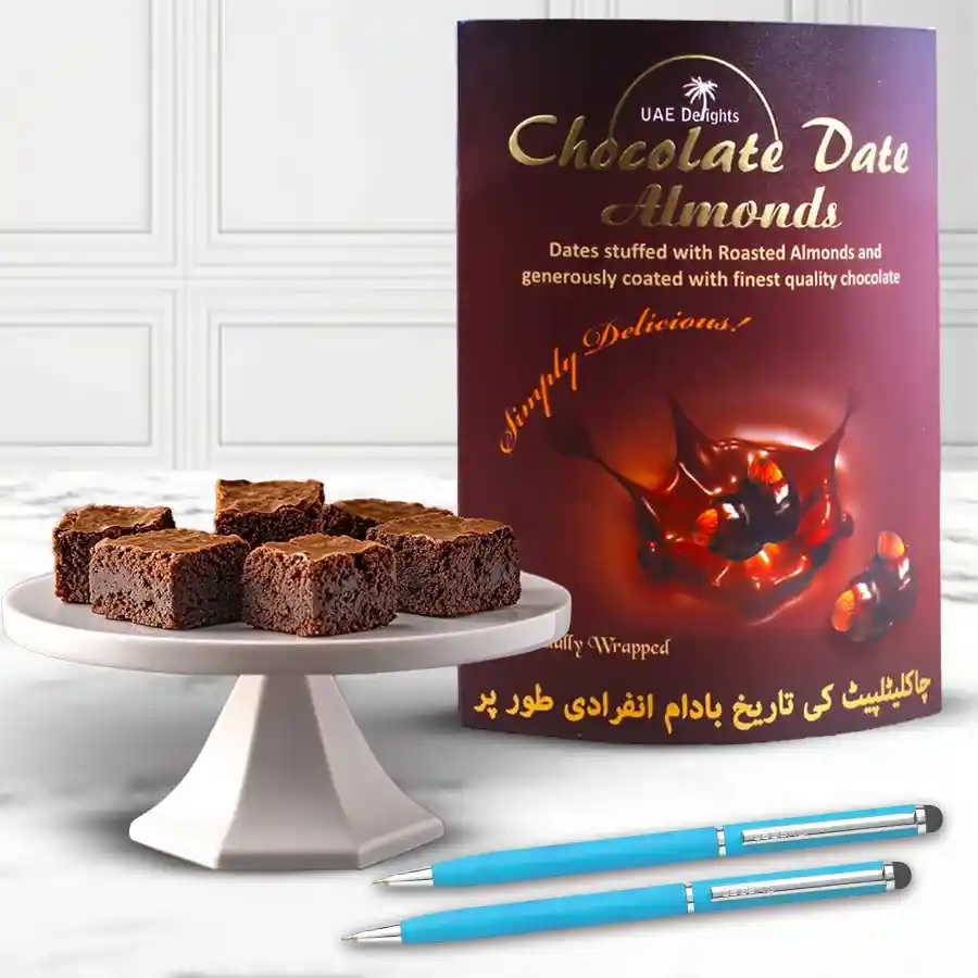 Remarkable Chocos Pack featuring Date and Almond chocolates, six brownies, and two ballpoint pens.