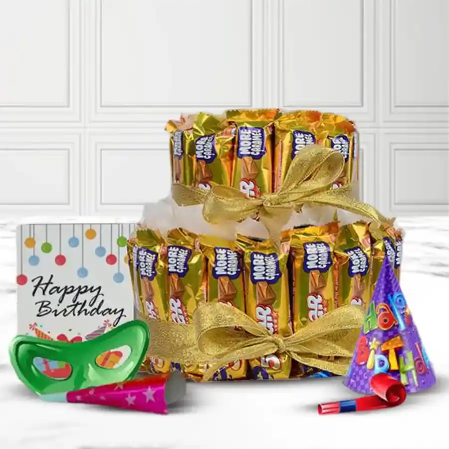 2 Tier arrangement of 24 Cadbury Five Star bars decorated with colorful birthday accessories