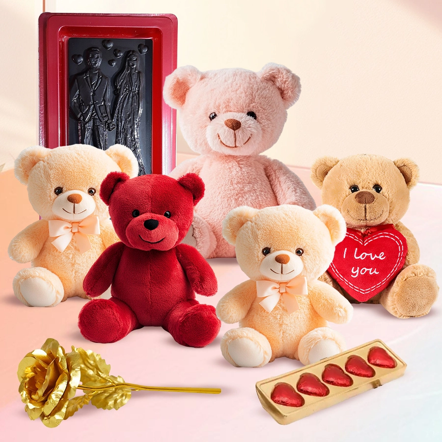 Exclusive Teddy Day gift box with assorted teddies and chocolates including a red teddy, an "I Love You" teddy, a pink teddy, Love Book chocolates, a golden rose, and heart-shaped chocolates