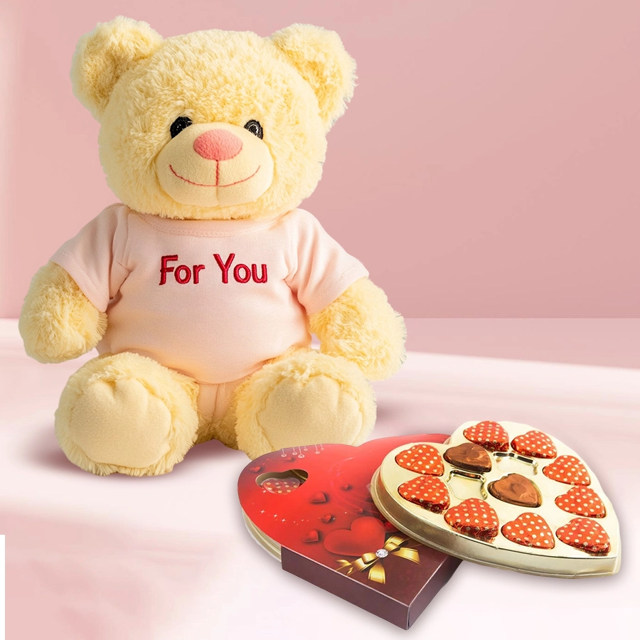 Glamorous For You Teddy with Handmade Heart Chocolates gift presentation