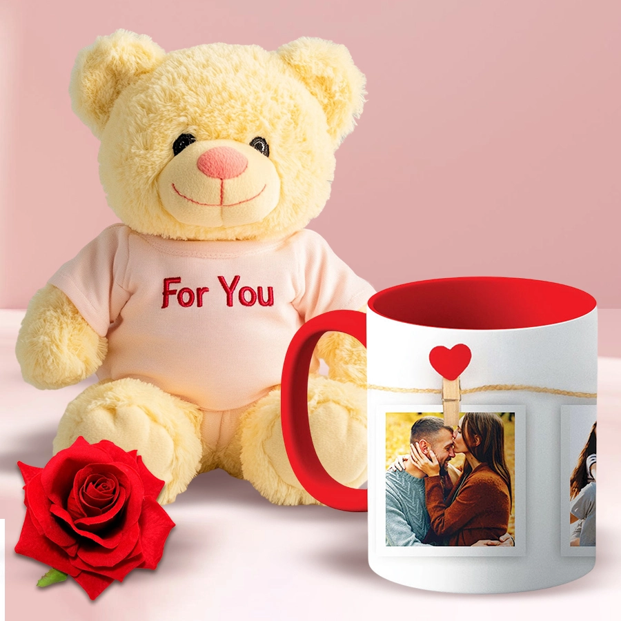 Dazzling Valentine Special Gift Combo including a plush teddy bear, personalized photo coffee mug, and a red velvet rose