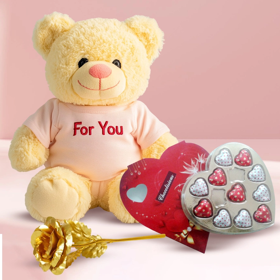 Magnificent Valentine Gift Combo featuring a cuddly teddy bear, heart-shaped chocolates, and a golden rose