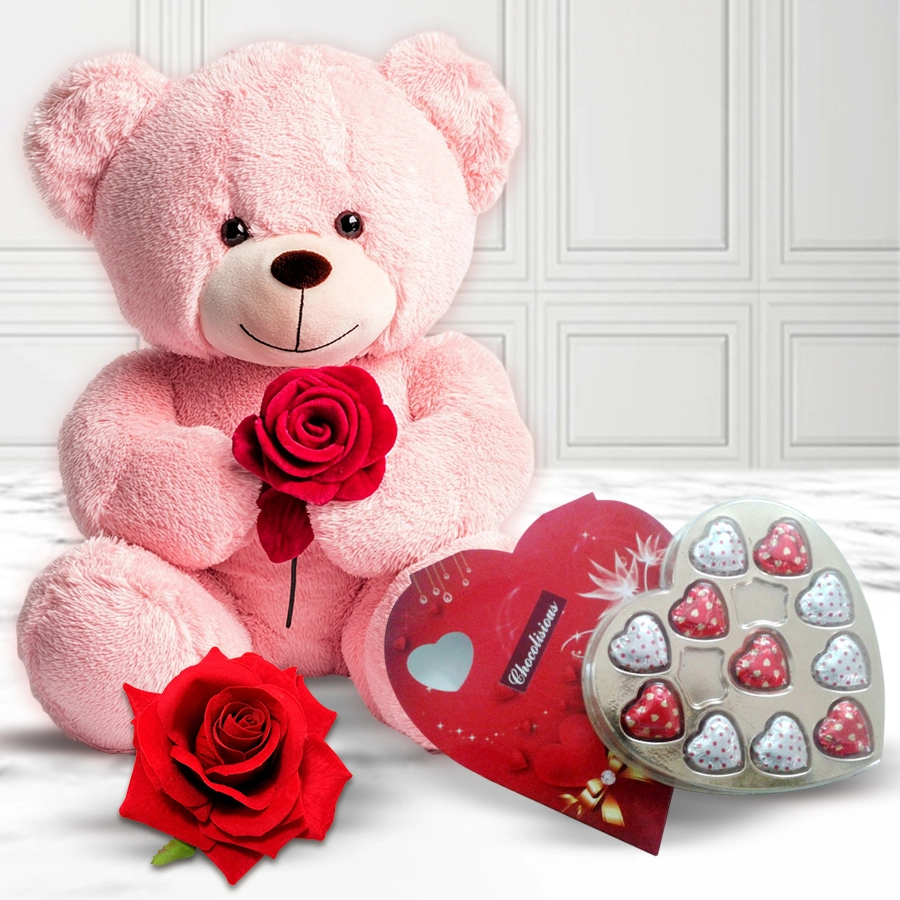40 cm Charismatic Teddy with heart-shaped chocolates and a red velvet rose for Teddy Day celebration