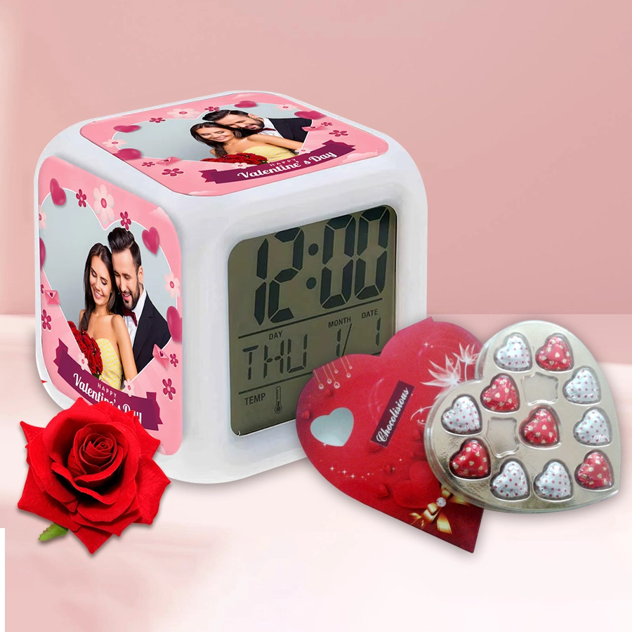 Personalized photo LED table clock with heart-shaped chocolates and a red velvet rose