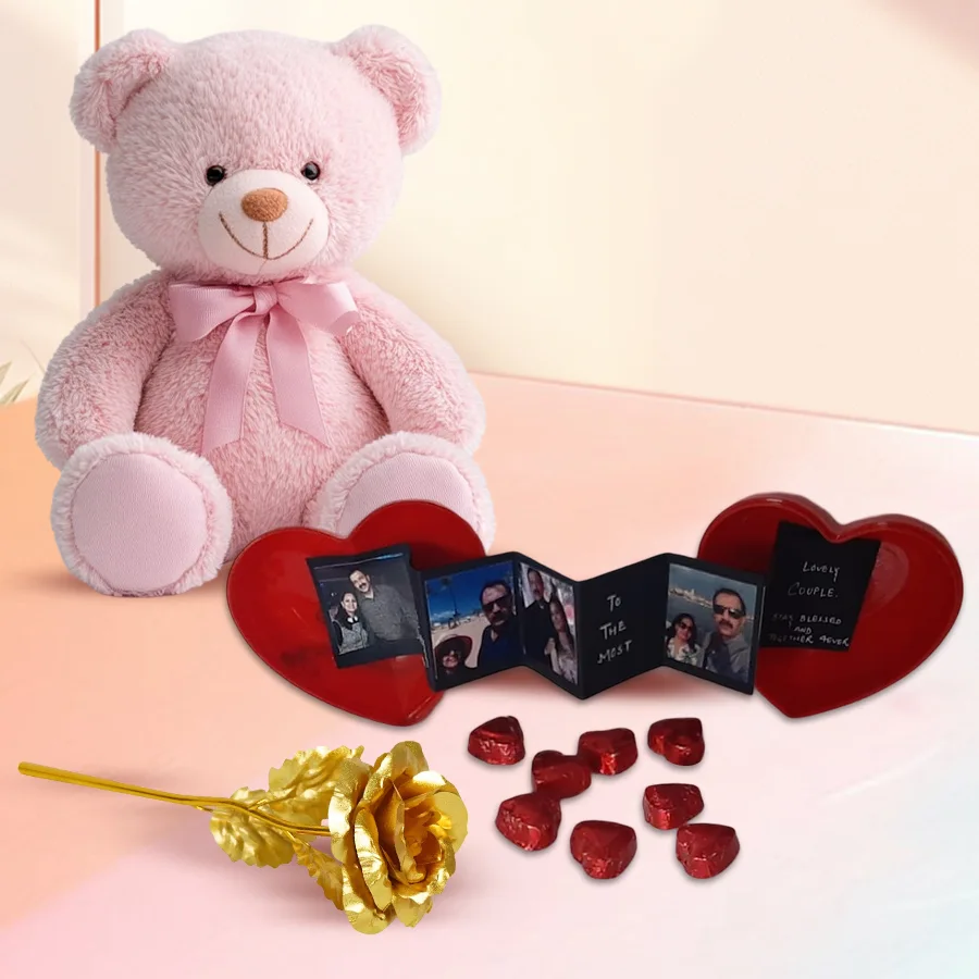 Charming personalized photo gift box featuring a teddy bear, heart-shaped chocolates, a golden rose, and custom photos for a Valentine's Day surprise.