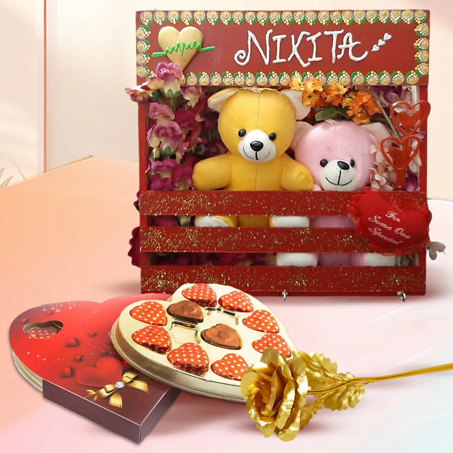 Personalized gift combo for wife featuring handmade heartbeat key holder, cuddly teddy, everlasting flowers, handcrafted heart-shaped chocolates, and golden rose.