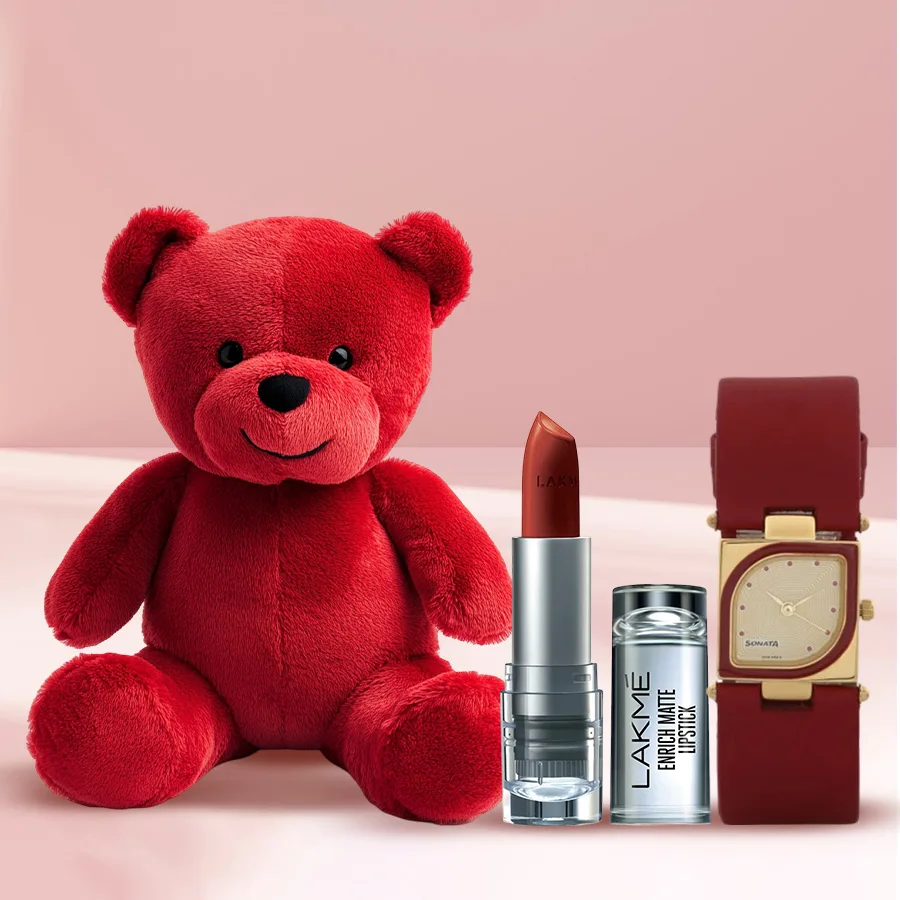Graceful Valentine's Day gift set featuring a plush red teddy bear, Sonata Yuva gold dial women's watch with red leather strap, Lakme Enrich Matte Lipstick in shade RM13, and a red velvet rose.