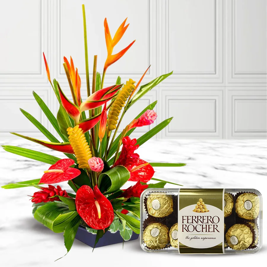 Arrangement of vibrant Bird of Paradise flowers and graceful Anthuriums complemented by a box of 16 Ferrero Rocher chocolates.