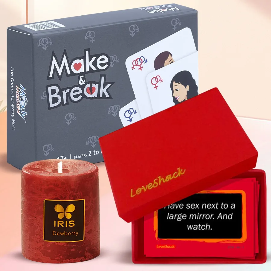 Naughty Pair of Adult Games and Aromatic Candle Combo for Valentine's Day, featuring a candle and game boxes on a romantic setting.