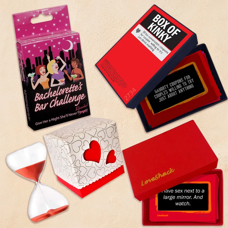 Daring Game Trio for Adults featuring Bachelorette Bar Challenge, Kinky Couples Box, Truth or Dare game, Heart Cutout Chocolates Box, and Love Timer for Valentine's Day