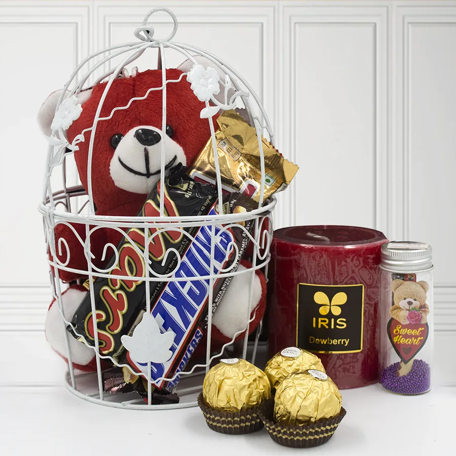 Charming Love Cage containing a 6-inch teddy bear, assorted chocolates, an aromatic candle, and a Love Message Jar