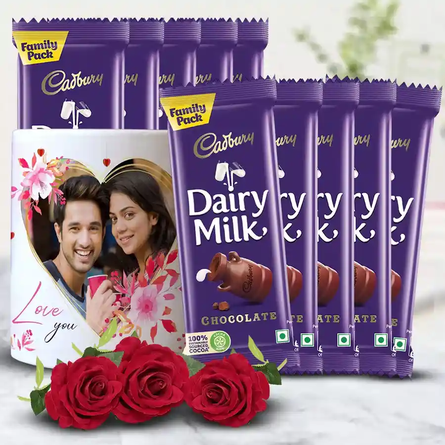 Exclusive personalized photo coffee mug with Cadbury Dairy Milk chocolates and a trio of red roses