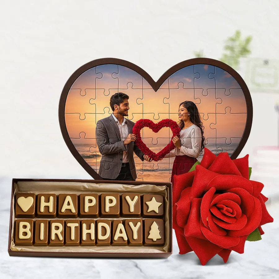 Exquisite personalized birthday gift bundle including a heart shape puzzle, a single velvet rose, and handmade chocolates
