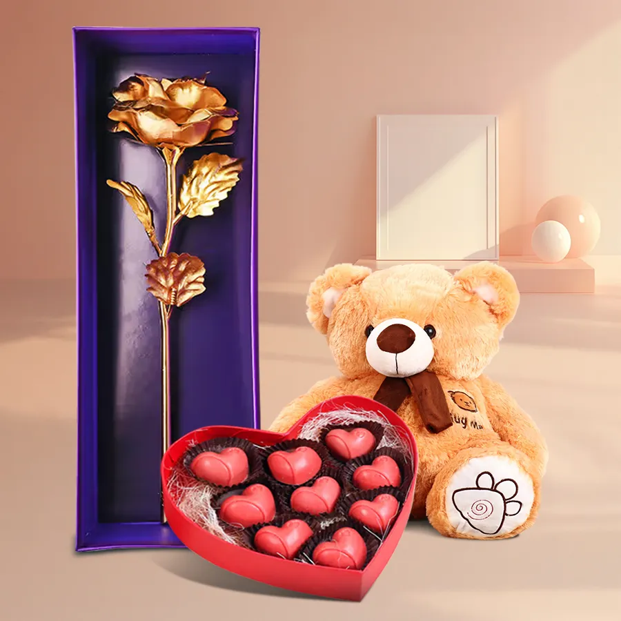 Wonderful Personalized Combo Gift featuring a soft teddy bear, heart-shaped chocolates, and a golden rose.
