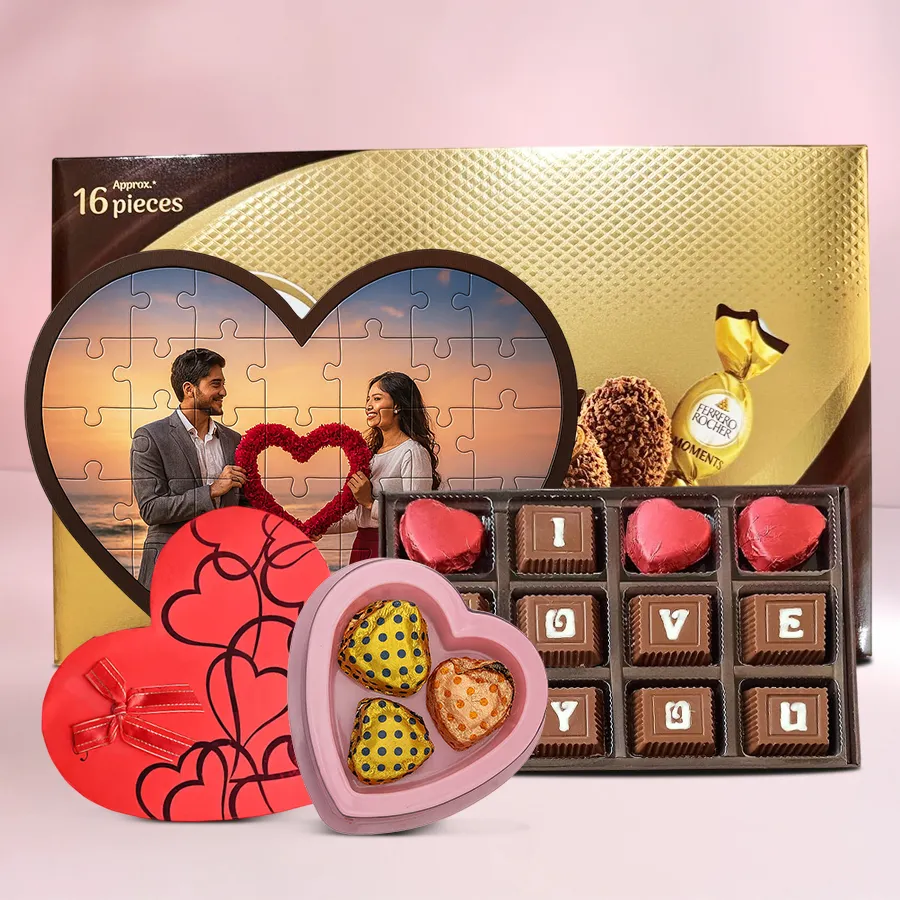 Personalized love puzzle with chocolates in a heart cutout box