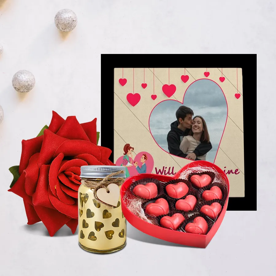 Lovely Photo Frame with LED lamp, heart-shaped chocolates, and a silky velvet rose arranged together as a heartfelt gift bundle.