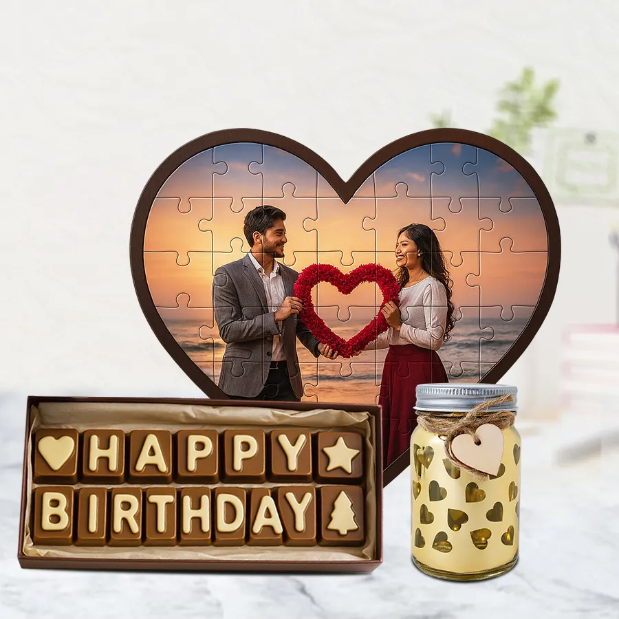 Personalized heart puzzle with handmade chocolates and LED lamp gift set