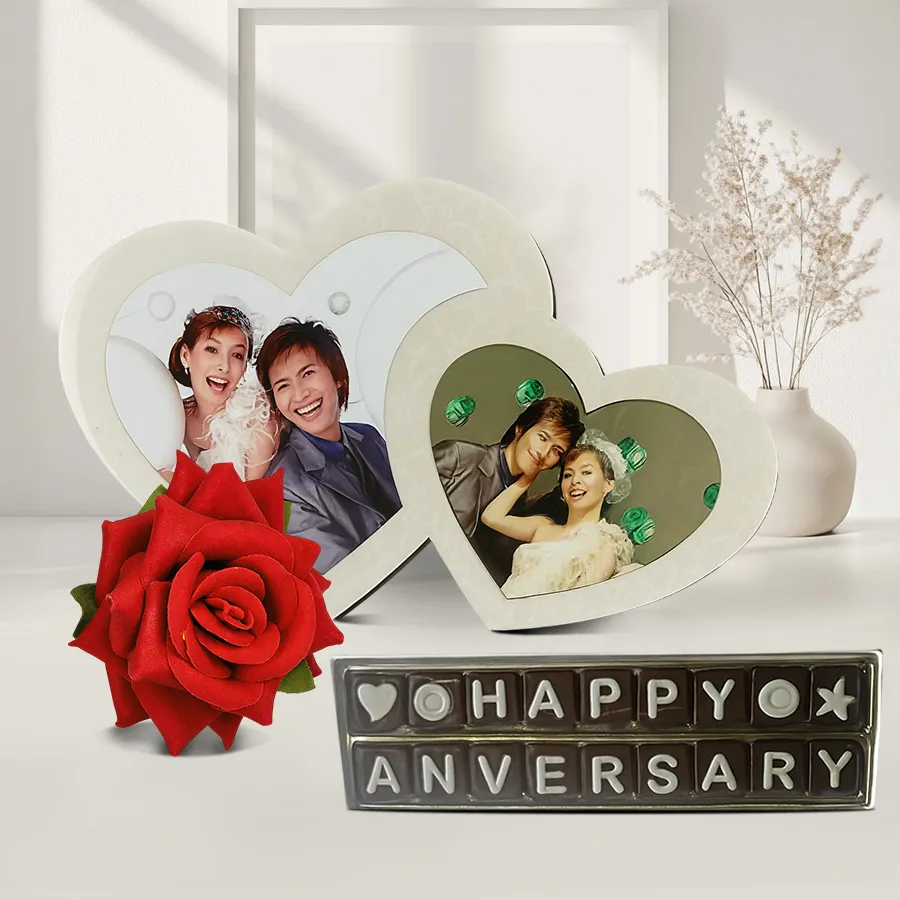 Exclusive personalized twin heart photo frame with handmade chocolates and a red velvet rose