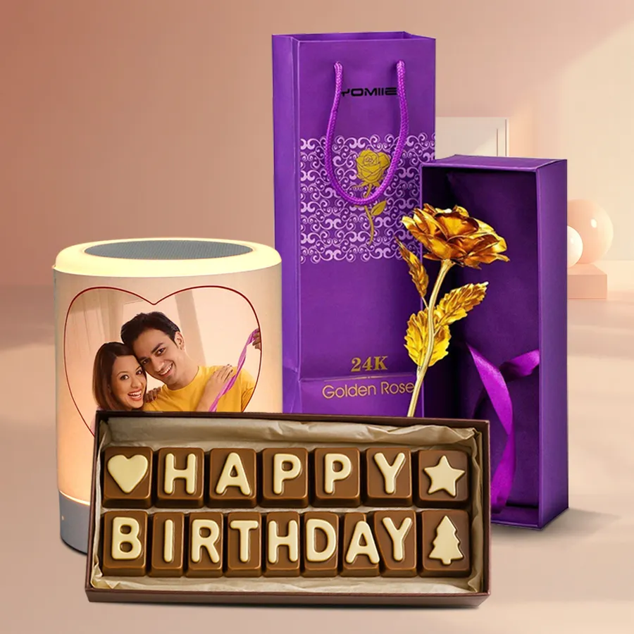 Amazing Personalized Bluetooth Speaker with Handmade Chocolates Combo for birthdays, featuring a custom photo speaker, 18 handmade chocolates, and a golden rose.
