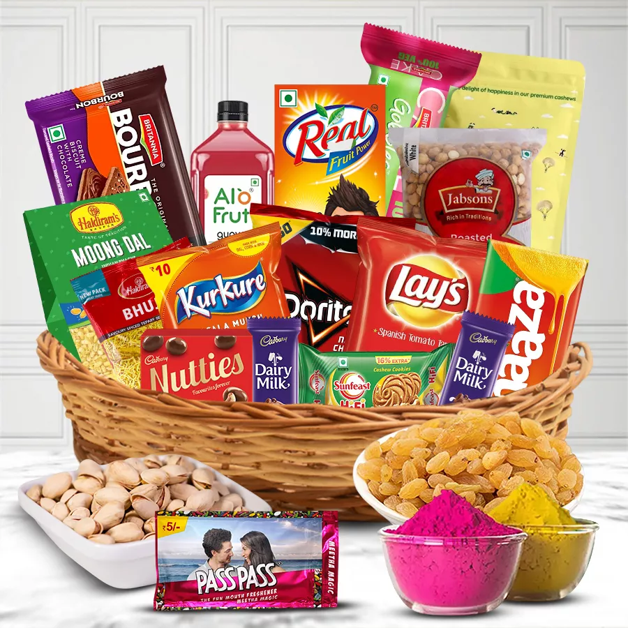 Marvelous Assortments Gift Hamper for Holi featuring snacks, drinks, sweets, and colorful herbal gulal in a charming cane basket.