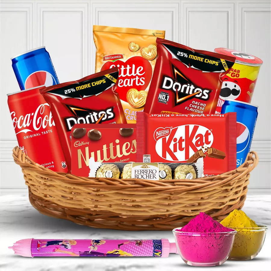 Exclusive Food Assortments Gift Hamper for Holi featuring sweets, snacks, and festive essentials in a stylish hexagonal wooden basket