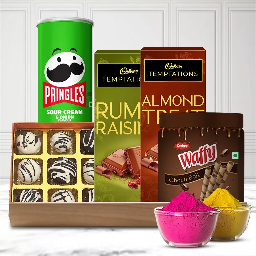 Scrumptious Chocos Gift Basket for Holi featuring handmade chocolates, Cadbury Temptations Rum n Raisins, Dukes Chocolate Rolls, Pringles Chips, and organic herbal Gulal packets