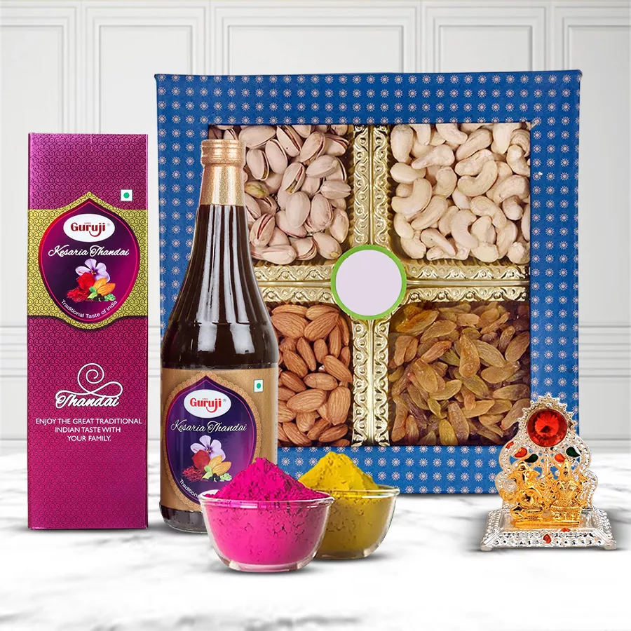 Blissful Dry Fruits set in a wooden box with Ganesh Laxmi Mandap design, featuring cashews, almonds, raisins, apricots, Guruji Thandai, and organic herbal gulal packets.