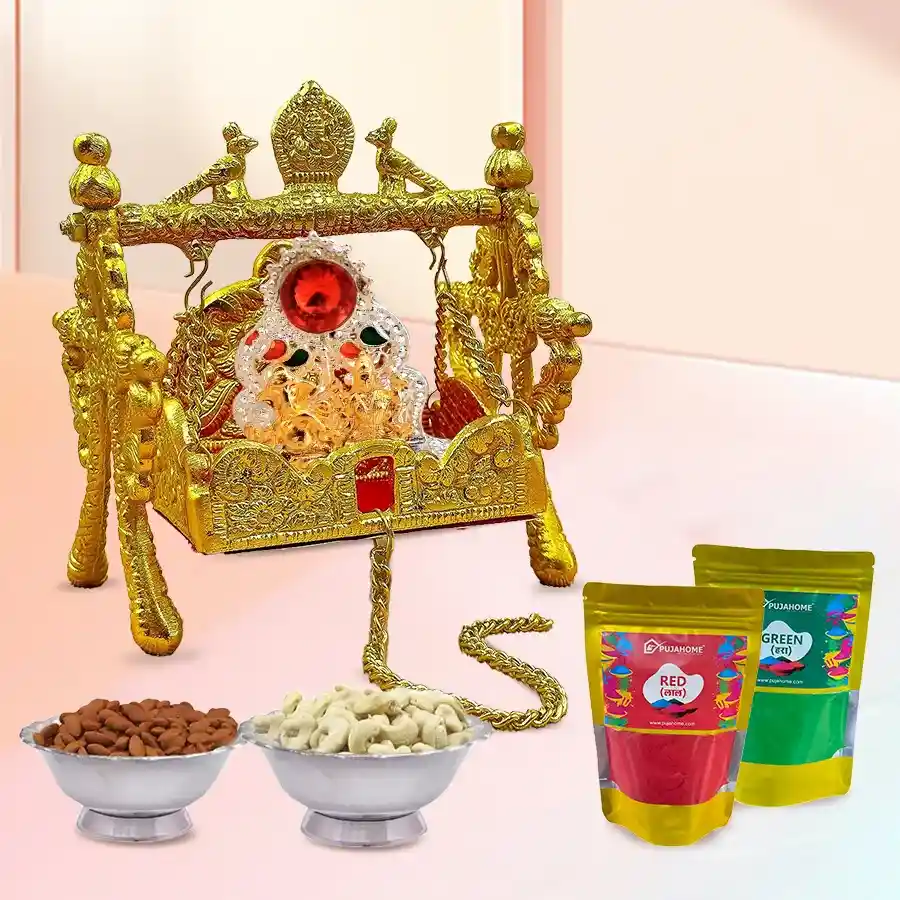 Divine Ganesh Laxmi Palana set with gold metal swing, antique mandap, silver-plated bowl of dry fruits, and herbal gulal packets