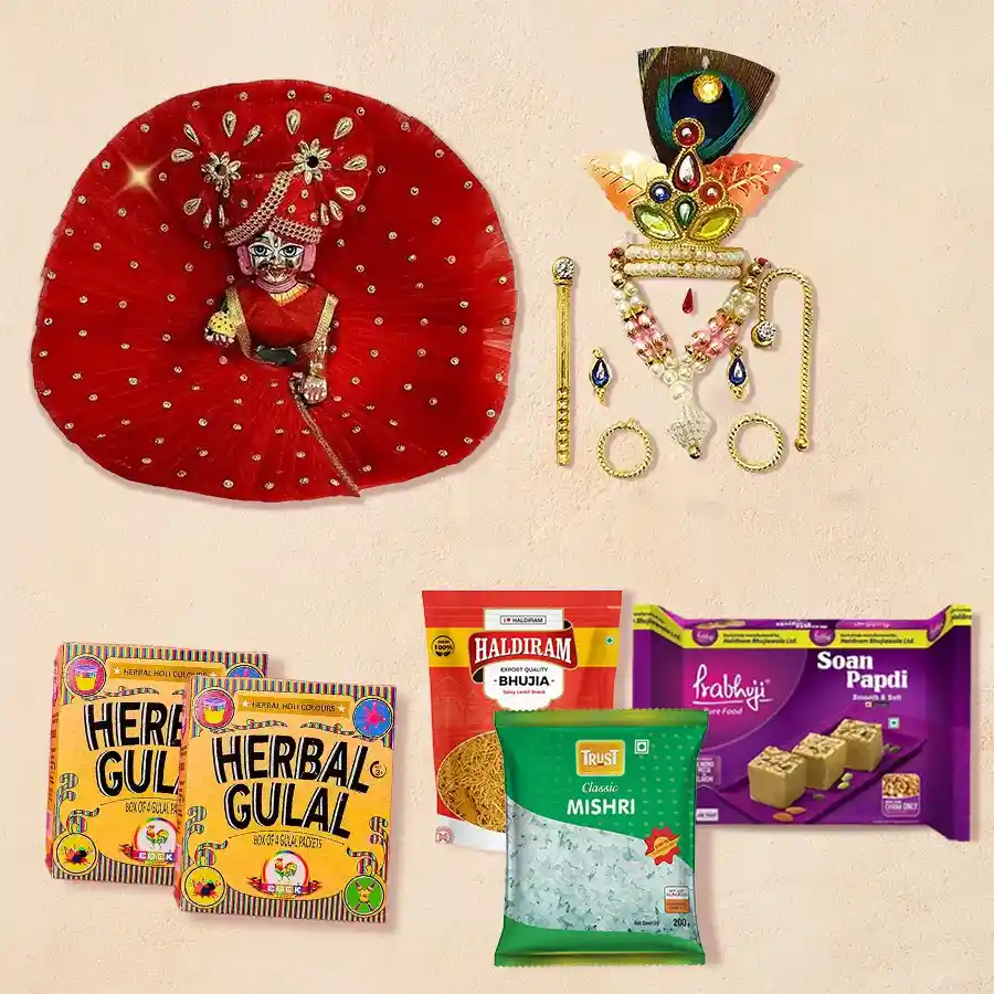 Laddu Gopal accessories gift combo including a dress set, pagdi, patka, mukut mala, kundal, Haldirams Soan Papdi, Bhujia, Mishri, and herbal gulal packets for Holi celebration.