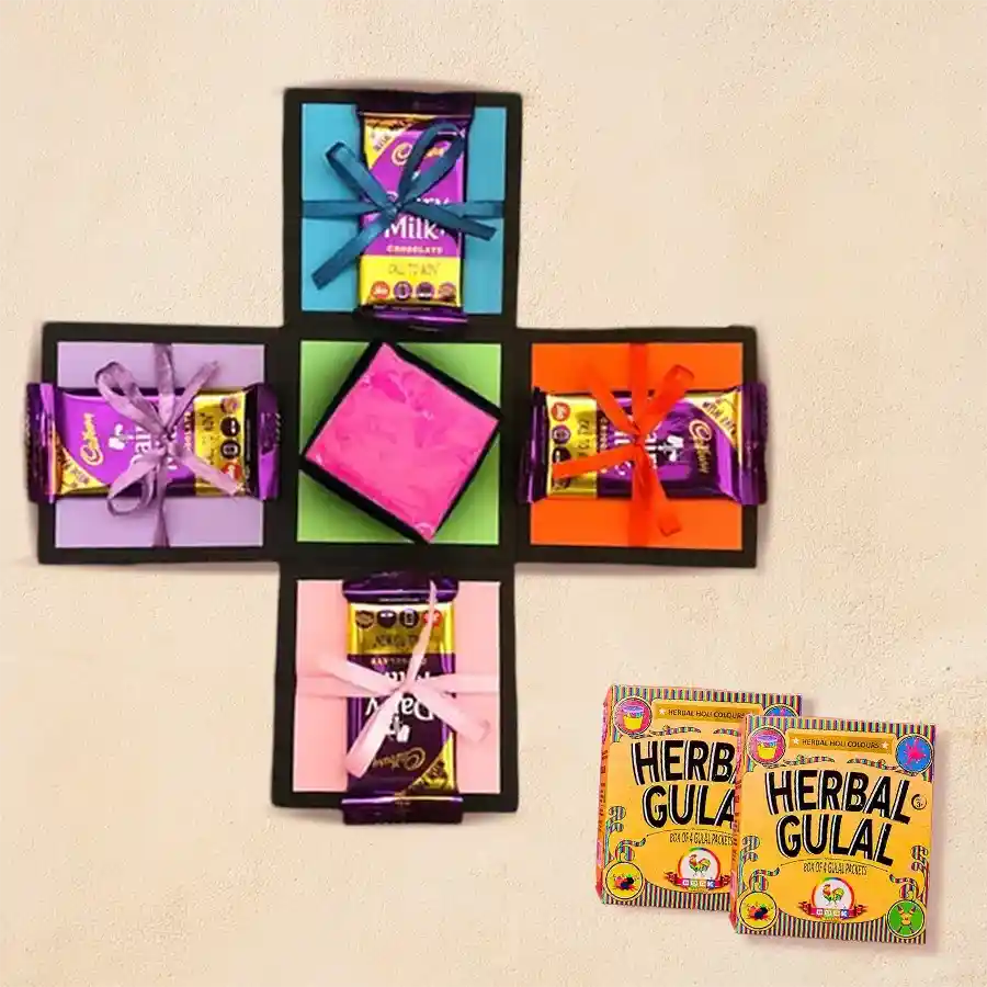 Wonderful Chocolates Explosion Gift Box for Holi featuring Cadbury Dairy Milk chocolates and vibrant herbal Gulal