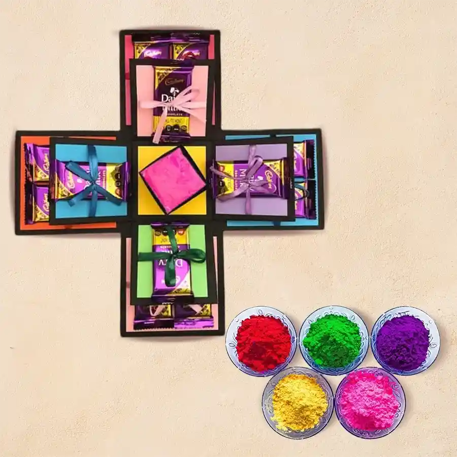 Luscious Chocos Explosion Box for Holi with Cadbury Dairy Milk bars and vibrant herbal gulal