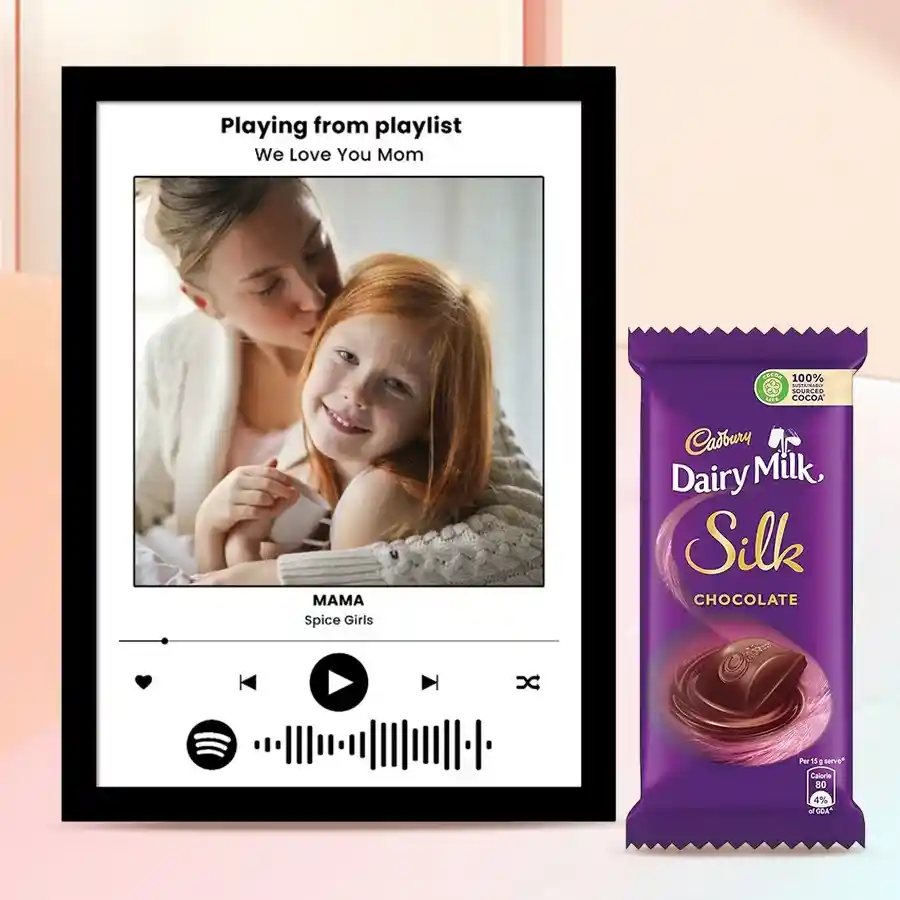 Magnificent personalized music photo frame with Cadbury Dairy Milk Silk and a cherished photo, symbolizing love and memories for Mother's Day.