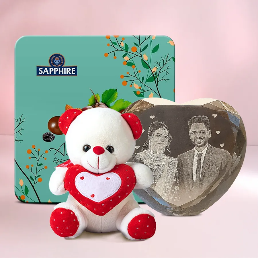 Personalized heart-shaped crystal gift set with sapphire chocolates and a teddy bear
