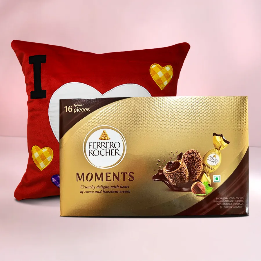Personalized ILU Velvety Cushion with Ferrero Rocher chocolates in an elegant gift arrangement.