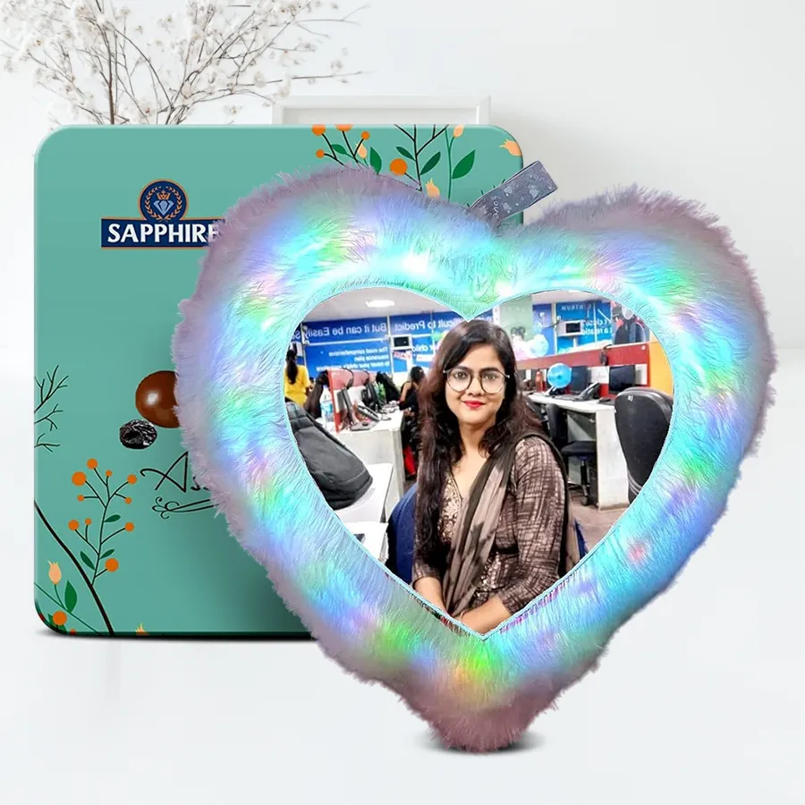 Personalized LED heart-shaped fur cushion with 12 luxurious Sapphire chocolates, featuring a customizable photo or message.