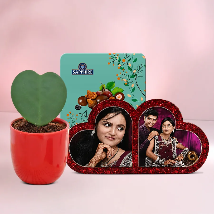 Outstanding Personalized HB Double Heart gift set featuring HB Double Heart, Zoya Heart Plant, and Sapphire Chocolate Box.