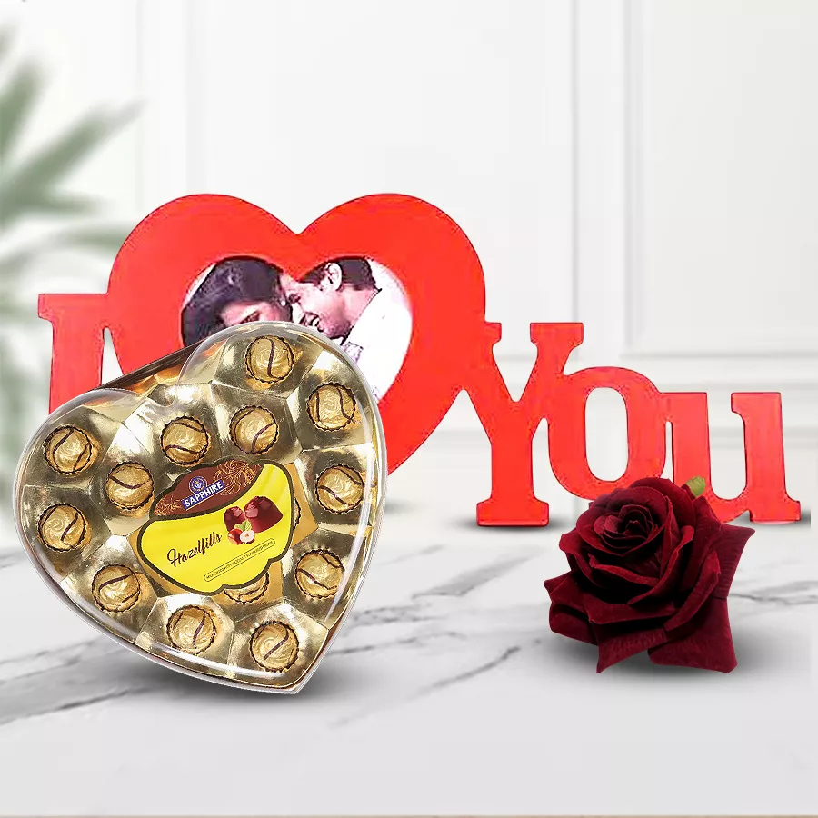 Fantastic Personalized HB ILU gift featuring 12 pieces of Sapphire Chocolate and Red Velvet Roses