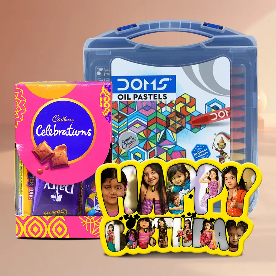 Personalized birthday gift combo for kids featuring a photo frame and a colorful art set