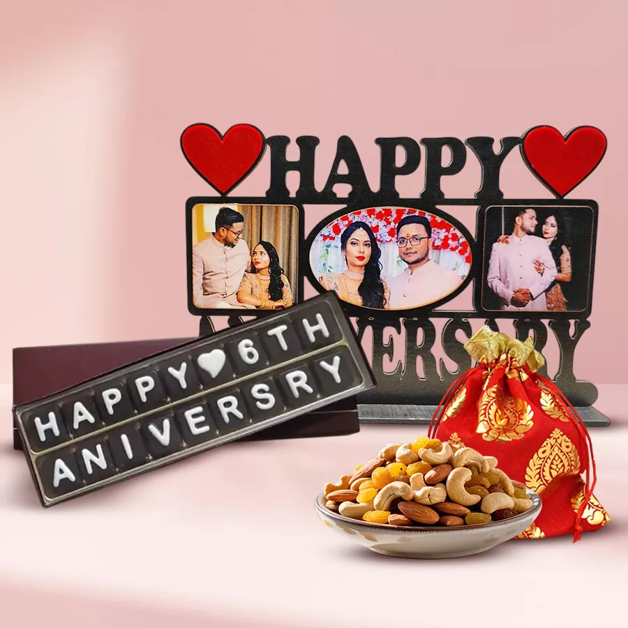 Personalized photo frame with chocolates and dry fruits for a special gift