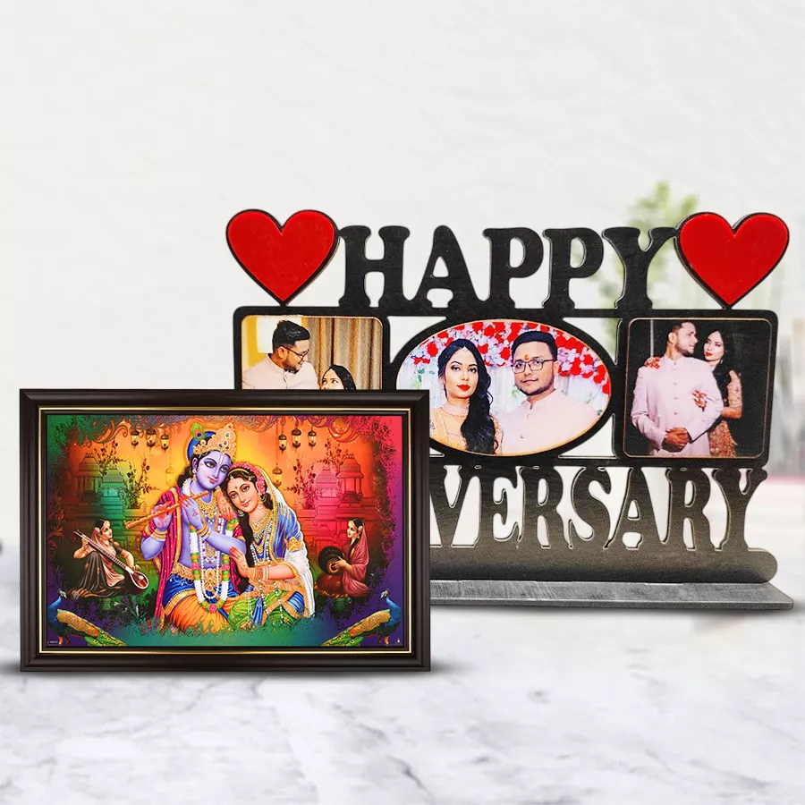 Lovely Personalized Happy Anniversary Radha Krishna Photo Frame with a favorite photo and decorative elements