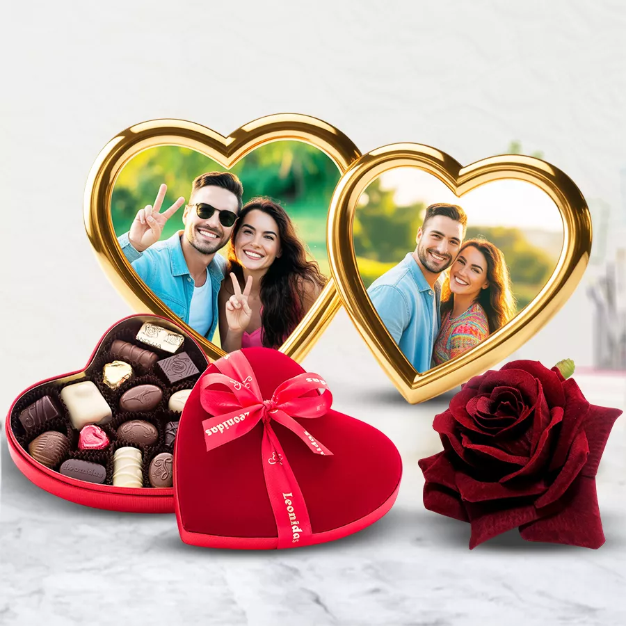 Personalized birthday gift combo featuring a custom double heart frame, heart-shaped tin box of chocolates, and a red velvet rose.