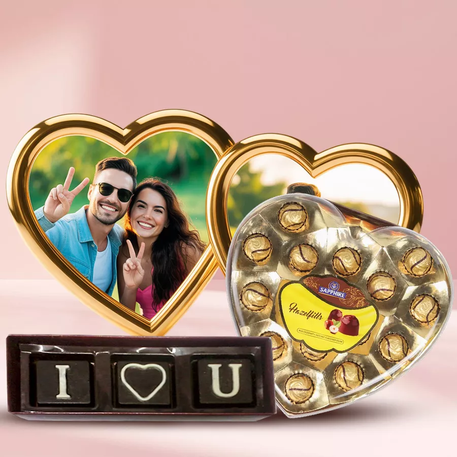 Personalized MD Love Frame with chocolates combo featuring a photo frame and an assortment of handmade chocolates.
