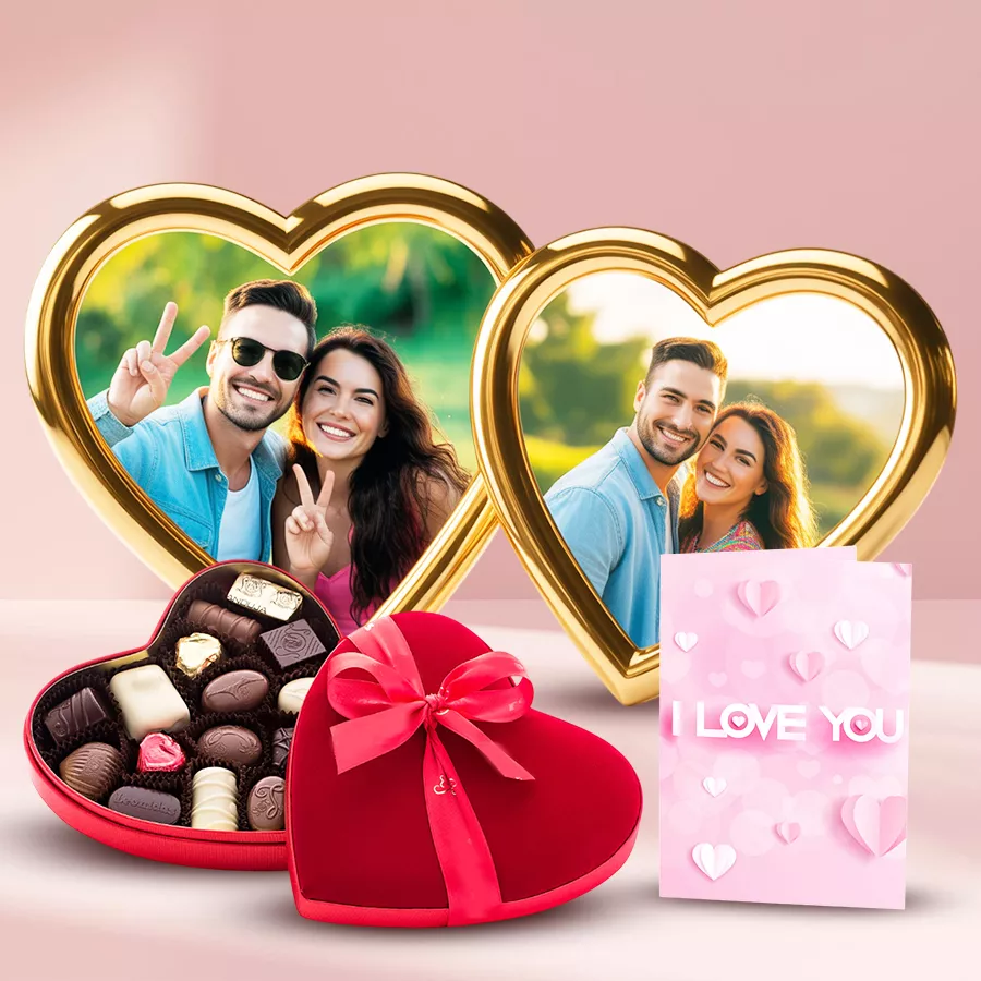 Personalized love frame with heart-shaped box of chocolates and "I Love You" card