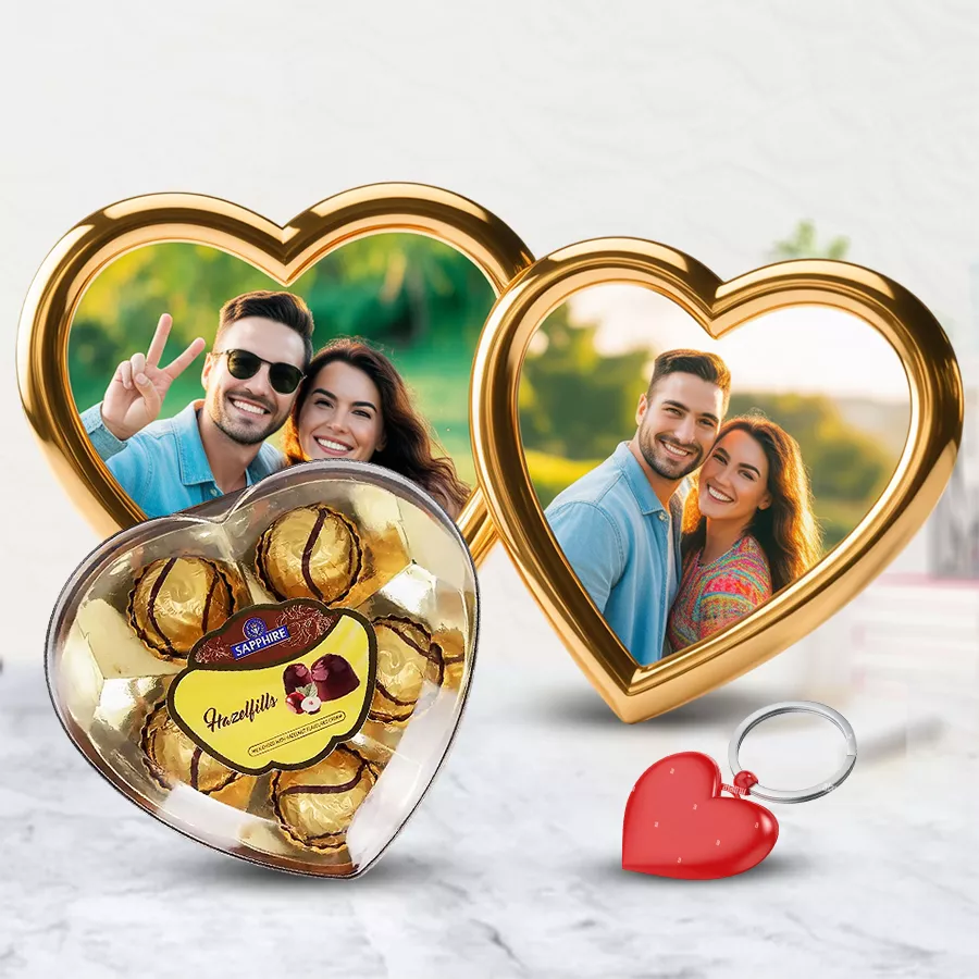 Personalized Love Frame, Heart Key Ring, and Sapphire Chocolates gift set