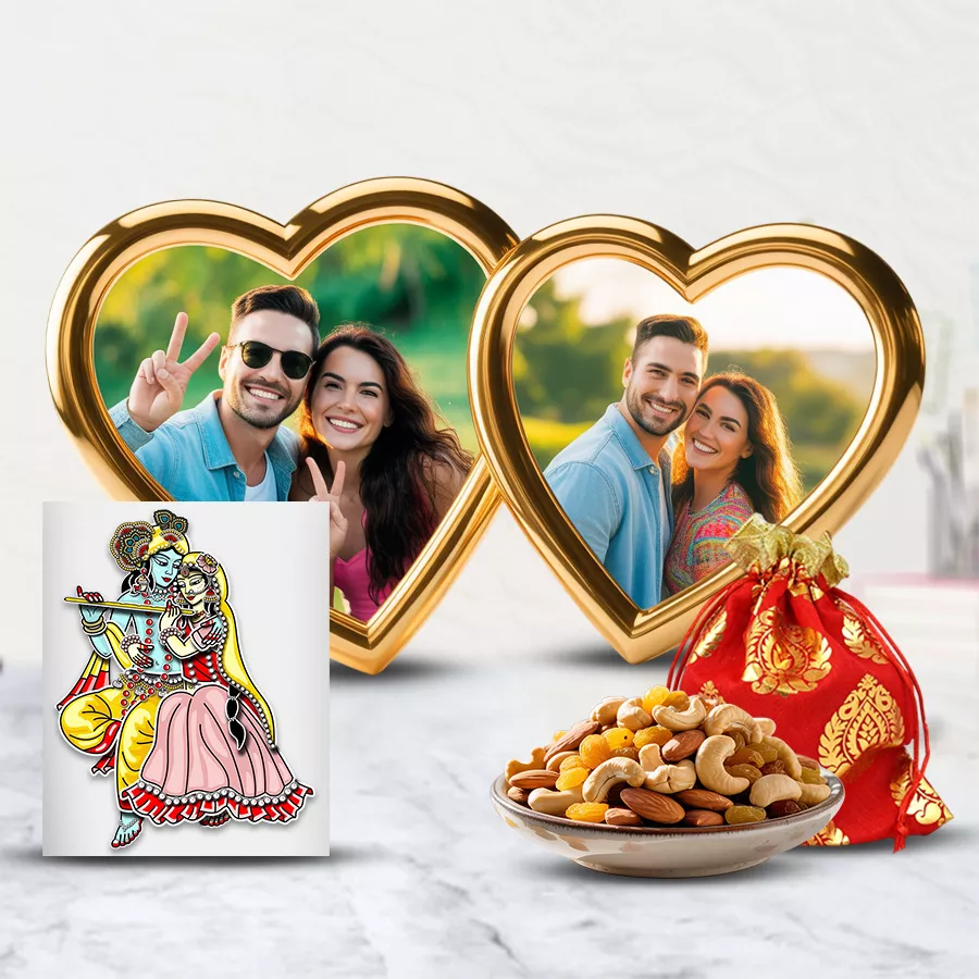 Brilliant Personalized Love Frame with Radha Krishna sticker and potli of premium dry fruits