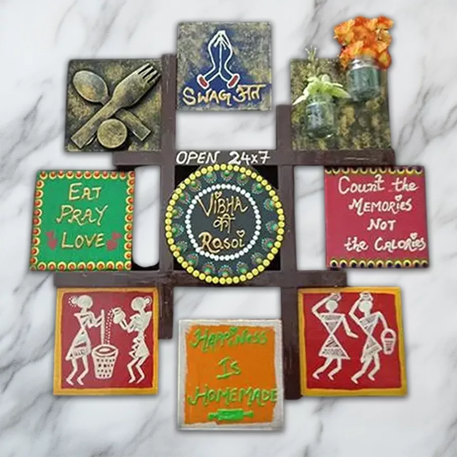 Handcrafted kitchen décor featuring the phrase "Maa Ki Rasoi," showcasing a warm and nostalgic design perfect for celebrating motherhood and enhancing kitchen spaces.