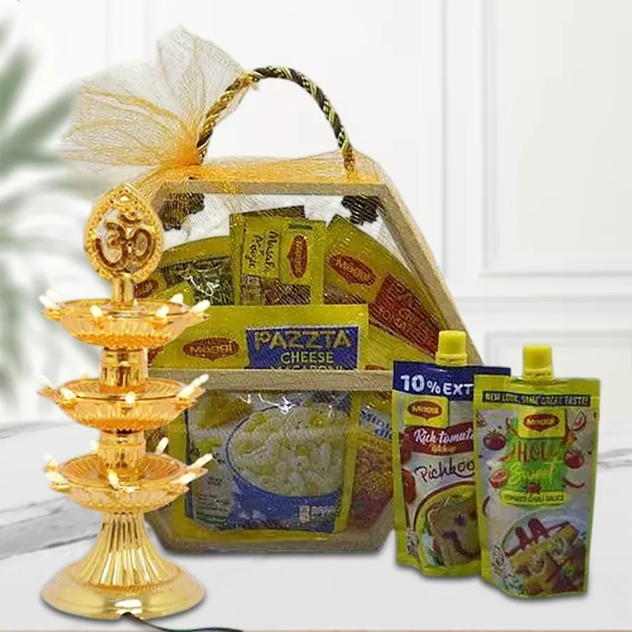 Trendy Maggie Magic Delight Basket with LED Tower Lamp, featuring assorted Maggie noodles, pasta flavors, tasty sauces, and a hexagonal wooden basket.